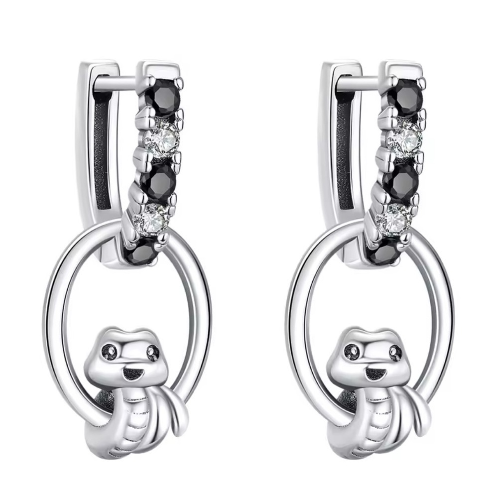 925 Sterling Silver Hanging Snake Huggie Hoop Earrings Pave Inlay Punk Gothic